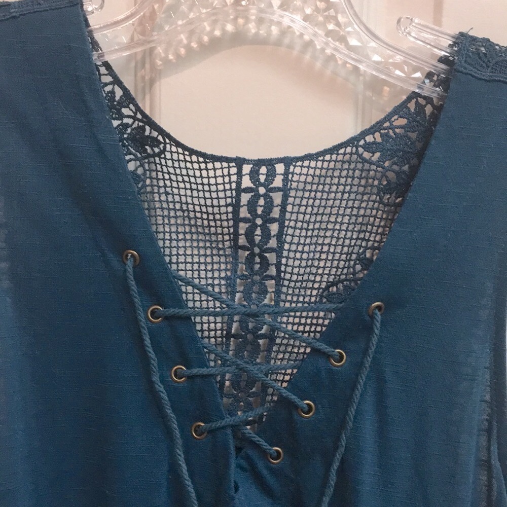 Teal Crochet Lace-Up Top - Picture 3 of 12
